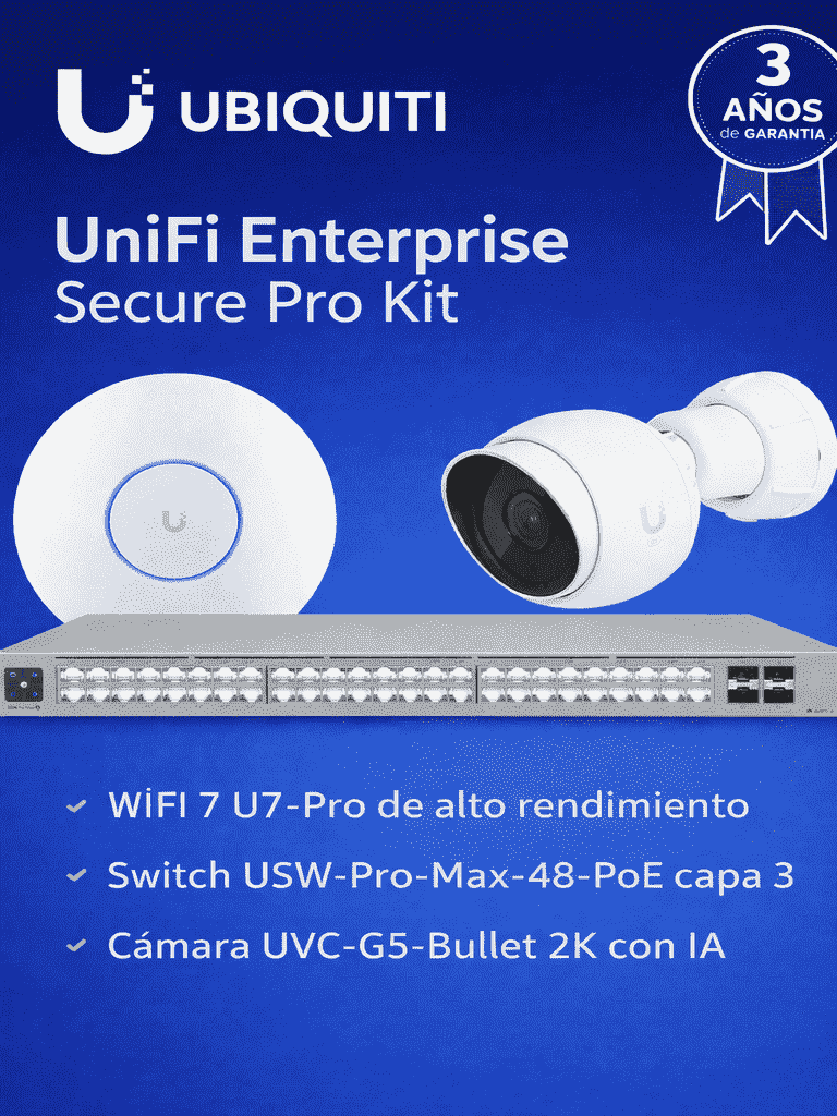 UBIQUITI UniFi Enterprise Secure Pro Kit - Solución integral con U7-PRO WiFi 7 de alto desempeño, switch USW-PRO-MAX-48-POE con PoE++ y capa 3, e integración de videovigilancia UVC-G5-Bullet 2K con IA, ideal para entornos empresariales de alta densidad.
