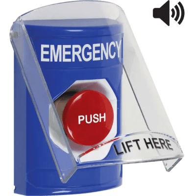 Botón Multipropósito, Color Azul, De Superficie, Con Tapa De Policarbonato, Con Bocina Pre Alarma, Para Interior, Momentaneo, Texto De Emergency, Ingles