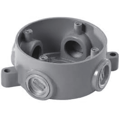 Caja Redonda Estándar sin Tapa a Prueba de Intemperie 102(4) de 3/4" (19 mm) / Con 5 salidas.