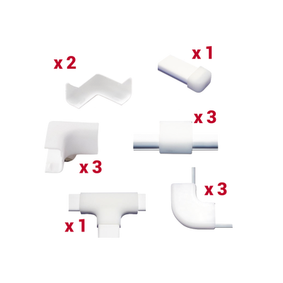 Kit de Accesorios Para la Canaleta TMK0812, El Paquete Incluye 13 Piezas en Total, Son 2 Esquineros Exteriores, 3 Esquineros Interiores, 3 Secciones "L", 3 Piezas de Unión, 1 Sección "T" y 1 Tapa Final.