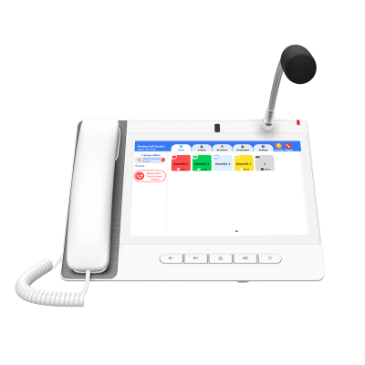 Teléfono IP Color Blanco Android 9.0 Empresarial para voceo 20 líneas SIP, pantalla táctil, Wi-Fi y Bluetooth, PoE, Voceo/ Musica por Multicast, puertos Gigabit, Sofware de Enfermeria
