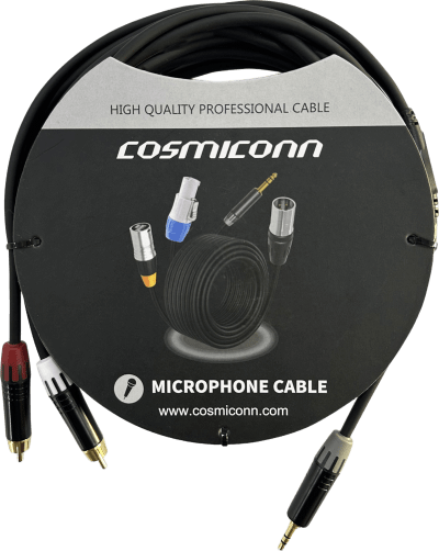 Cable 3.5mm a 2 RCA, conectores negros, con diferenciador de blanco y rojo en RCA MT380-RD - MT380-WH - MTP3C-BG, length 5m