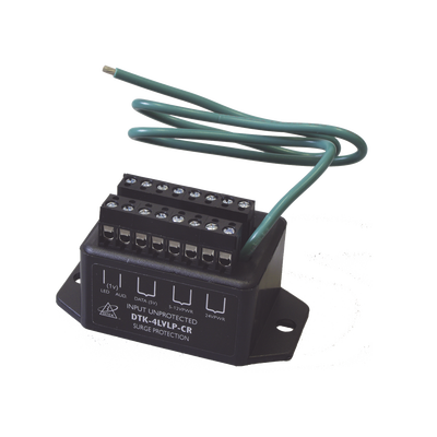 Protector para lazo de 4 pares, para aplicaciones de lectores con formato wiegand : 2 de alimentación de 12 / 24 Vcc, 1 de datos 5 Vcc, 1 señal de 1 Vcc. 