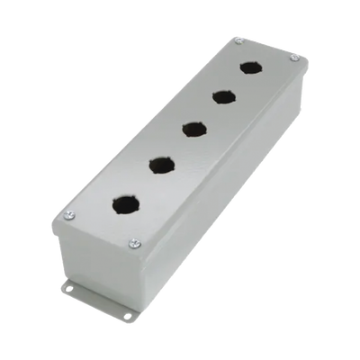 Gabinete Tipo Pushbutton, De 5 Botones de 22.5 mm, NEMA 12, IP65, de 317 x 83 x 70 mm, de Acero, Color Gris