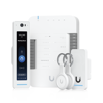 UniFi Access Kit de Inicio Gen2 Profesional para 1 puerta, (1) Lector NFC con pantalla táctil, audio 2 vías y cámara / (1) Lector NFC y de movimiento UA-G2 / Hub para conexiones para controlar una puerta con salida POE y energizar acc