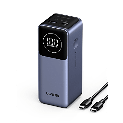 Power Bank de 12000mAh | 3 Salidas 100W Max. | USB-A + 2 USB-C | PD 3.0 | QC3.0 | FCP | SCP | Pantalla Inteligente | Carcasa Ignifuga | Color Gris | Incluye Cable USB de 50cm | Carga tu Laptop de Manera Segura.