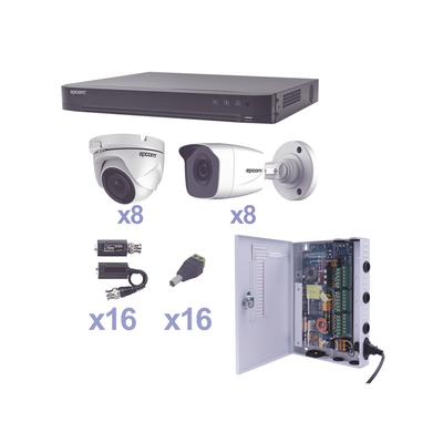 KIT TurboHD 1080p / DVR 16 Canales / 8 Cámaras Bala (exterior 2.8 mm) / 8 Cámaras Eyeball (exterior 2.8 mm) / Transceptores / Conectores / Fuente de Poder Profesional