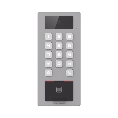 (PoE / 2 Relays) Terminal de Control de Acceso / Videoportero Multiapartamento Llamada a App / Teclado / Exterior Antivandálico IP65 & IK09 / Huella, Tarjeta, Código QR, PIN o App Hik-Connect  / Cámara 2 MP compatible con NVRs