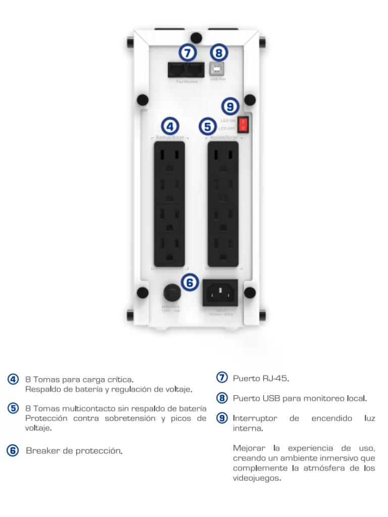 CDP GSMART1516 1500VA/900W UPS Smart, AVR 16 Salidas, Puerto de carga USB (8 USB-A y 2 USB-C), 210 joules, Luz RGB, LCD, 120 Vac - Imagen 4