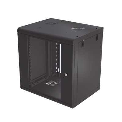 Gabinete de Pared de 12U con Puerta de Cristal Templado, 479.5 mm de Profundidad, Rack de 19'', Acero Reforzado Color Negro.