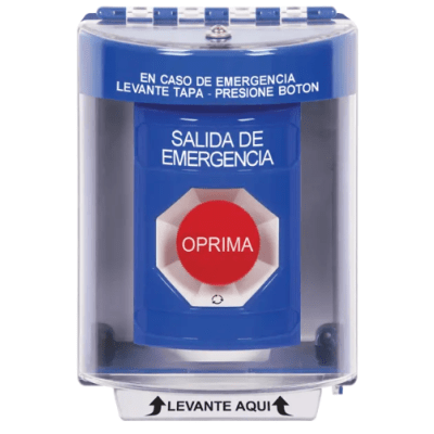 Botón Multipropósito, Color Azul, De Superficie, Con Tapa De Policarbonato, Sin Bocina, Para Interior/Exterior, Llave Para Restablecer, Texto Salida De Emergencia, Español