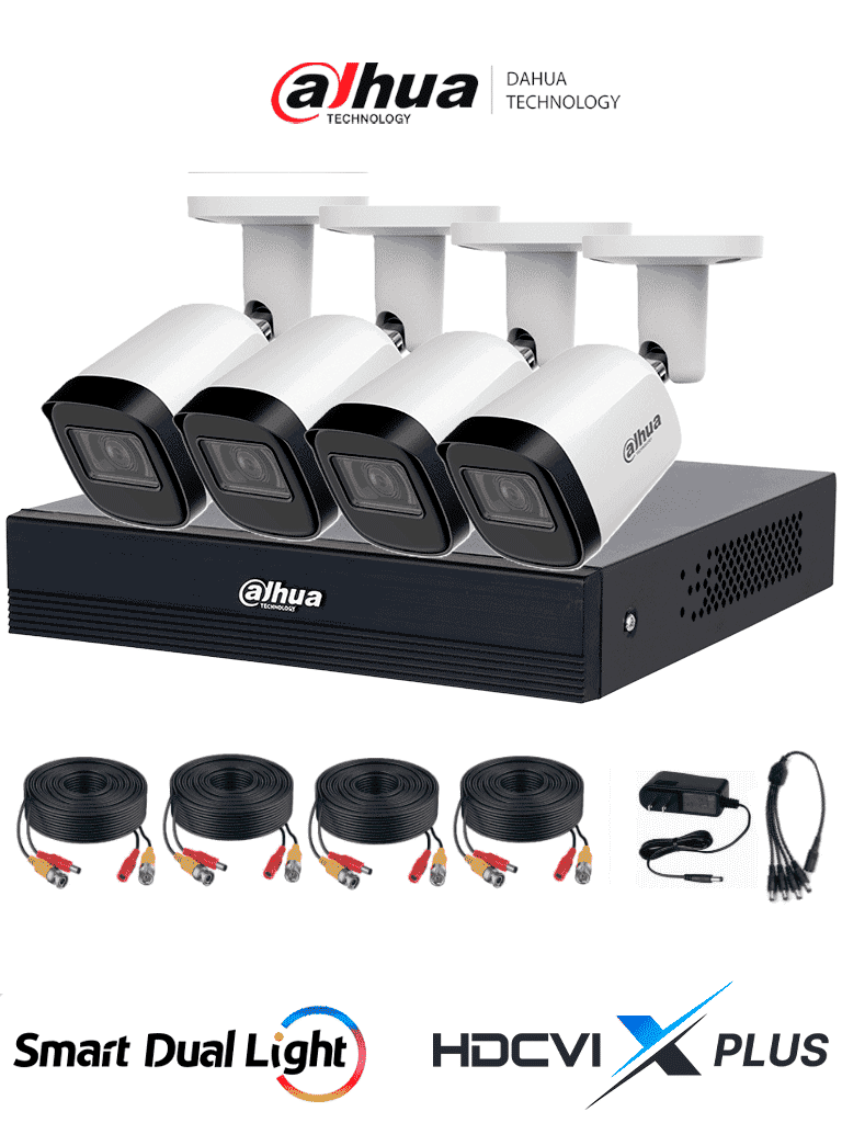 DAHUA DHI-KIT/XVR1B04-I/T/4-B2A21N-U-IL-0280B - Kit 4 Canales 2 MP/ DVR Cooper-U WizSense con IA/ Cámaras B2A21N-U-IL-0280B/ Hasta 5 Canales IP Rendimiento Max 20Mbps/ Soporta HDCVI & AHD & TVI & CVBS/ Metálica/ Cámara con Iluminador Inteligente