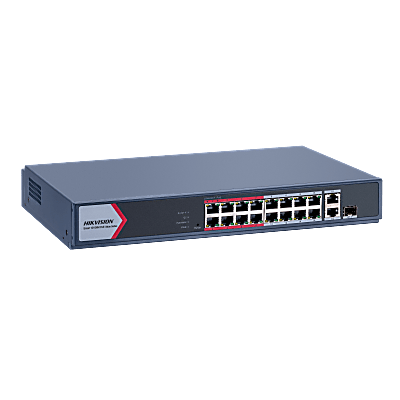 Switch PoE+ / No Administrable / 16 Puertos 10/100 Mbps PoE+ / 2 Puertos 1000 Mbps Uplink / 1 Puerto SFP Uplink / Modo Extendido hasta 300 Metros / 130 W