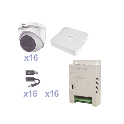 KIT TurboHD 1080p Lite / DVR 16 Canales / 16 Cámaras Eyeball  Exterior ( 2.8mm) / Transceptores / Conectores / Fuente de Poder Profesional