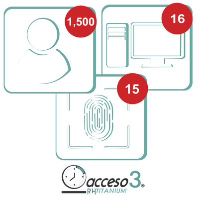 [BAJO PEDIDO] Licencia para software de Tiempo & Asistencia compatible con SISTEMAS DE NOMINA / 1,500 Empleados / 16 Relojes checadores / 16 PC / Acceso3 - TITANIUM