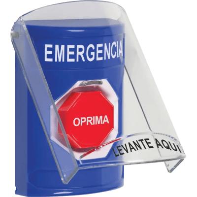 ​Botón Multipropósito, Color Azul, De Superficie, Con Tapa De Policarbonato, Sin Bocina Pre Alarma, Solo Interior, Llave Para Restablecer, Texto De Emergencia, Español