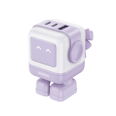 Cargador RobotGaN de 65W Serie UNO | 3 Puertos de Carga Rápida | 2 USB-C | 1 USB-A | PD 3.0 | QC 4.0 | Carga Inteligente | Tecnología GaN II | Zapato Magnético Extraíble | Carcasa Ignífuga | Pantalla LED