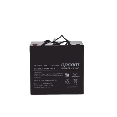 Batería 12 Vcc / 55 Ah / UL / AGM-VRLA / Retardante a la flama / Para uso Uso en: Aplicaciones fotovoltaicas / Terminales tipo M6 / Cargador recomendado CHR-250. 
