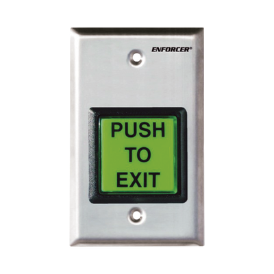 Botón de Salida / Con Iluminación / Con Placa de Pared de Acero Inoxidable / IP65 / Voltaje 12 / 24 Vcd / Mensaje de Idioma Intercambiable / 3 Placas de Idioma Incluidas