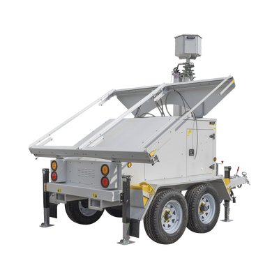 Traila / Remolque de Doble Eje con Mástil Retráctil de 7.5 m. para Videovigilancia o Iluminación, con Bases para Instalar Paneles Solares y Baterías (No incluidos)