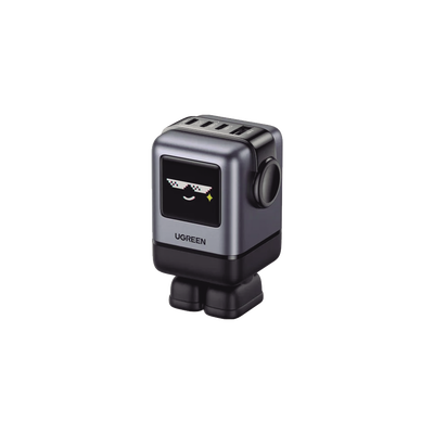 Cargador RobotGaN de 100W Serie UNO | 4 Puertos de Carga Rápida | 3 USB-C | 1 USB-A | PD 3.0 | QC 4.0 | Carga Inteligente | Tecnología GaN II | Zapato Magnético Extraíble | Carcasa Ignífuga | Pantalla LED