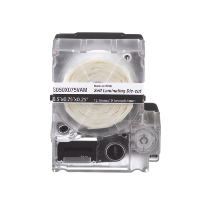 Casete de 200 Etiquetas Autolaminadas de 12.7 x 31.8 mm (0.5 x 1.25 pulgadas), para Cables de 3.1 a 7 mm (0.12 a 0.28 pulgadas) de Diámetro, Área de Impresión Color Blanco