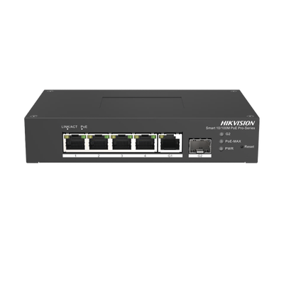 Switch PoE+ Industrial de Escritorio / Administrable / 4 Puertos 10/100 Mbps PoE+ / 1 Puerto 1000 Mbps Uplink / 1 Puertos SFP  /  Configuración Nube Hik-PartnerPro / Modo Extendido hasta 300 Metros / 60 Watts