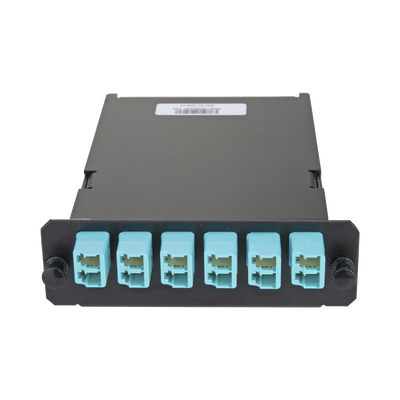 Placa Acopladora de Fibra Óptica FAP, Con 12 Pigtails Ribbon y 6 Conectores LC Duplex (12 Fibras), Para Fibra Multimodo OM3/OM4, Color Aqua