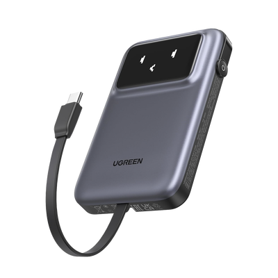 Power Bank Serie Uno |  10000mAh | 30W |  con Cable USB-C Incorporado | 2 Salidas 30W Max. | Pantalla Inteligente | Carcasa Ignifuga | Aprobado por Aerolíneas.| Color Grey.