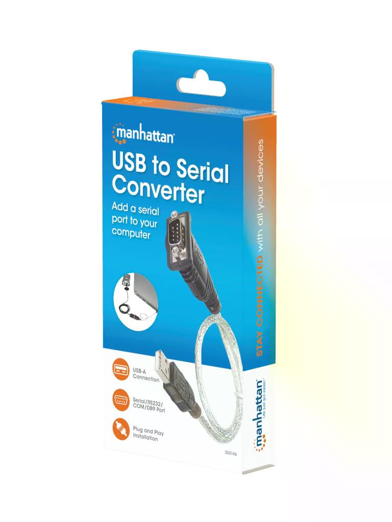 MANHATTAN 205146 - Convertidor USB a Serial RS232/COM/DB9 / Chip Prolific PL-2303 / Calibre 24AWG / 45 cm / Empaque tipo Blíster