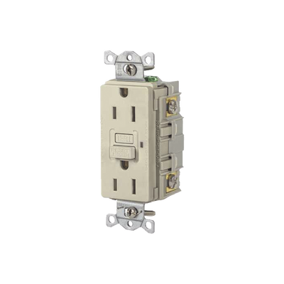 Contacto de Auto-verificación GFCI con Interruptor de Falla a Tierra de 15 A 125 V 2 Polos/ Color Marfil / Nema 5-15R / Grado Industrial Comercial.