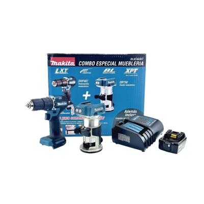 kit de Rotomartilló DHP487 +Fresadora Multifuncional DRT50, Incluye 1 Cargador Rápido DC18SD y 1 Batería li-Ion de 5.0 Ah Modelo BL1850B.