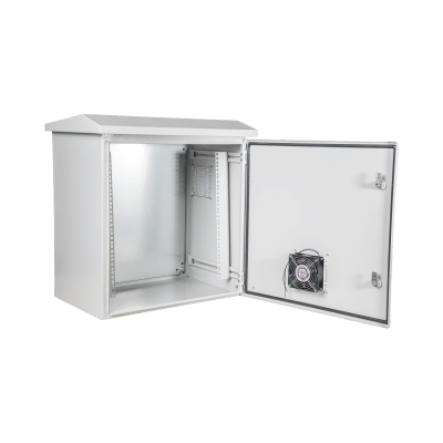 Kit Gabinete Ventilado de Acero, Montaje Rack 19" 11U, IP55 Uso en Exterior (593 x 609 x 399 mm) con Placa Trasera Interior Metálica y Compuerta Inferior Atornillable. Incluye Ventilador, Ventilas, filtros, Terminal de Tierra Física, Ch