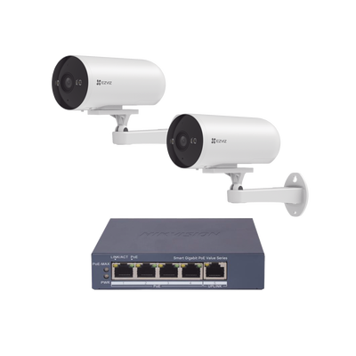 Kit de cámaras PoE Para Uso en Exterior / PoE Estandar Af / 2 piezas CS-H5/3MP/ 1 Pieza de Switch DS-3E1505P-EI/M / Vision Nocturna a Color / IP67 / Audio Bidireccional / Luz y Sirena / 4 Puertos 1000 Mbps PoE+ / 1 Puerto 1000 Mbps Uplink