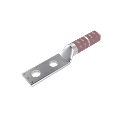 Zapata Terminal de Compresión  de Barril Largo con Doble Ojillo para Tornillo 1/2" y Cable 2  AWG / Espaciado de 1 3/4".