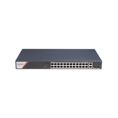 Switch Gigabit PoE+ / Administrable / 24 Puertos 1000 Mbps PoE+ (4 Puertos PoE++ 90 W) / 2 Puertos 1000 Mbps de Uplink / 2 Puertos SFP / Configuración Nube Hik-PartnerPro / Modo Extendido hasta 300 Metros / 370 W