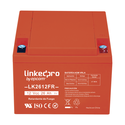 Batería 12 V / 26 Ah / UL / Tecnología AGM-VRLA / Vida útil promedio de 5 años / Retardante a la Flama / Para uso en equipo electrónico, Alarmas de Intrusión / Incendio/ Control de acceso / Video Vigilancia / Term