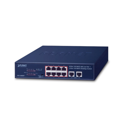 Switch de Escritorio de 8 Puertos 10/100TX 802.3at PoE+ / 2 Puertos 10/100TX / 120W PoE Budget / Modos Standard, VLAN y Extendido / Distancia Extendida Hasta 250m 