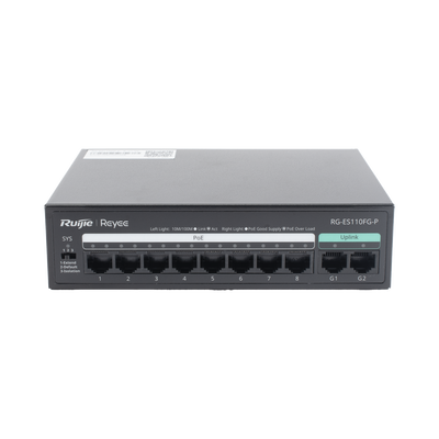 Switch PoE+ no Administrable, hasta 110 Watts, 8 puertos PoE+ 10/100 y 2 Uplinks Gigabit 1G