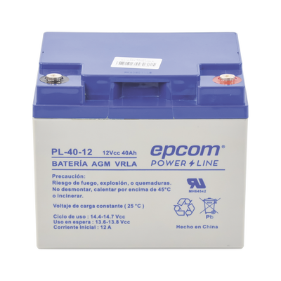 Batería 12 Vcc / 40 Ah / UL / Tecnología AGM-VRLA / Para uso en equipo electrónico Alarmas de intrusión / Incendio/ Control de acceso / Video Vigilancia / Terminales tipo M6 ( HEX ) / Cargador recomendado CHR-250.