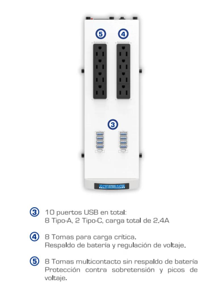 CDP GSMART1516 1500VA/900W UPS Smart, AVR 16 Salidas, Puerto de carga USB (8 USB-A y 2 USB-C), 210 joules, Luz RGB, LCD, 120 Vac - Imagen 3