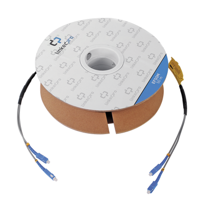 Carrete de Fibra Óptica Monomodo con conectores SC-SC Duplex, Reforzada con Kevlar, de 50 metros