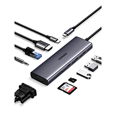Hub USB-C 10 en 1 / HDMI 4K@30Hz + VGA 1920x1200 / 3x USB 3.0 5Gbps / Ethernet Gigabit / SD/TF Card Reader / PD 100W / Audio 3.5mm / Doble Pantalla Simultánea / Plug & Play Universal