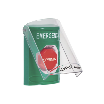 ​​Botón Multipropósito, Color Verde, De Superficie, Con Tapa De Policarbonato, Con Bocina Pre Alarma, Solo Interior, Llave Para Restablecer, Texto De Emergencia, Español