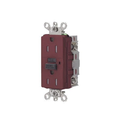 Contacto de Auto-verificación GFCI de 15 A 125 V 2 Polos/  Resistente a Manipulaciones y Intemperie / Color Rojo / Nema 5-15R / Grado Industrial.