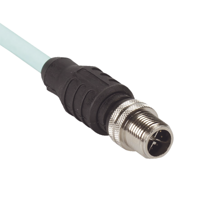 Cable de Conexión IndustrialNet Cat6A, Con Conector Recto M12 X-Code Macho en Ambos Extremos, Blindado SF/UTP, Forro TPO, Color Azul Cerceta, 5 Metros
