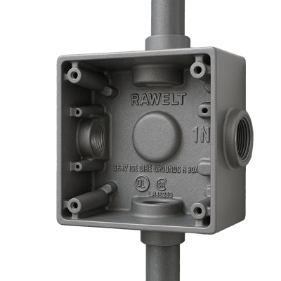 Caja Condulet Cuadrada con 4 Bocas de 1" (25.4 mm) / Con Orejas para Montaje / A prueba de intemperie.