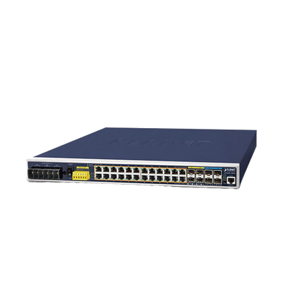 Switch Industrial Capa 3, 24 Puertos Gigabit PoE 802.3af/at, 4 Puertos SFP 1 G, 4 Puertos SFP de 10 G 