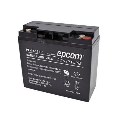 Batería 12 Vcc / 18 Ah / UL / AGM-VRLA / Retardante a la flama / Para uso en equipo electrónico,Alarmas de intrusión / Incendio/ Control de acceso / Video Vigilancia / Terminales tipo M5 ( HEX ) / Cargador recomendado CHR-80.