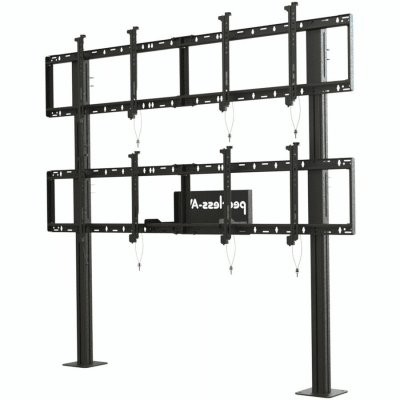 Soporte Modular para Video Wall Pedestal 2x2 / Ajuste Micro Sin Herramientas / 8 Puntos de Alineación / Capacidad 500 lb / VESA 200x200 a 600x400 mm / Estructura Aluminio / Gestión Cableado Integrada / Almacenamiento Multimedia